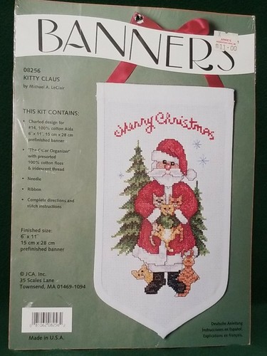 BANNERS Counted Cross Stitch Kit Kitty Claus Santa w Kitty Cats MERRY CHRISTMAS