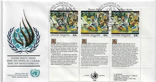UN FDC NY - Human Rights - Inscription Block of 3 + 3 labels - SN 571