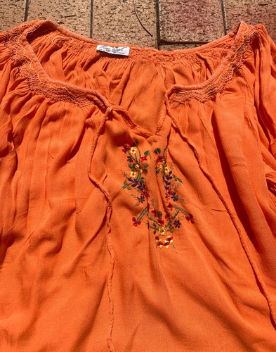 Peace Angel Orange Embroidered Long Sleeve Tunic Top Boho - Plus / One Size - Picture 4 of 10
