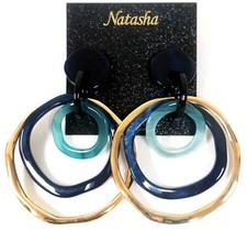 NEW NATASHA ROSE GOLD+BLUE+TEAL MULTI LARGE HOOPS EARRINGS