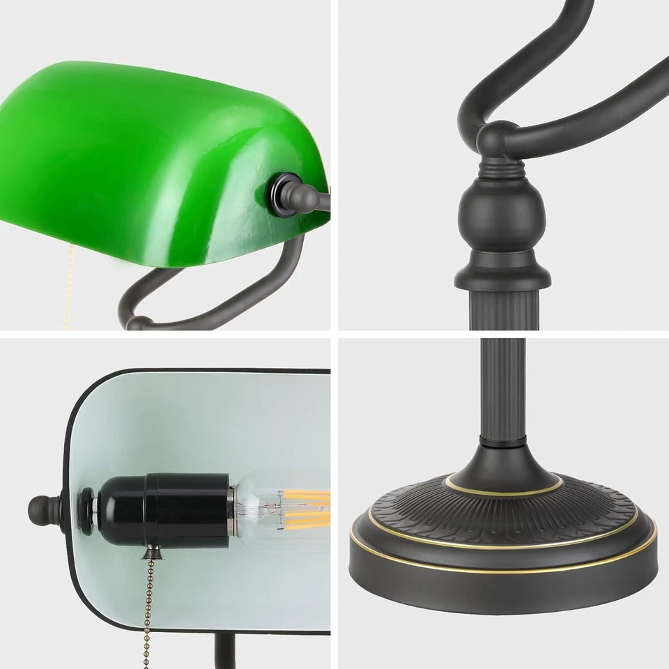 Antique Green Glass Bankers Desk Lamp with Pull Chain Switch Plug in Fixture - Image 4 of 4