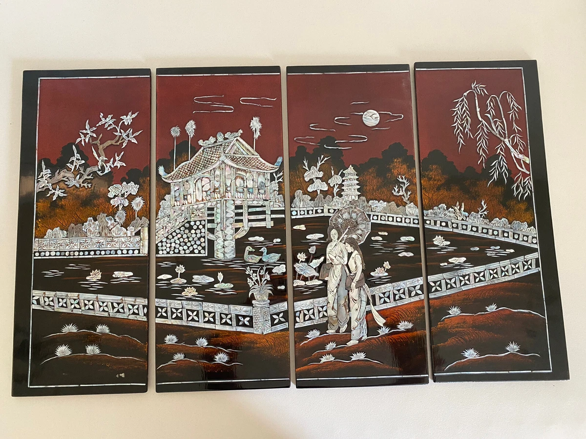 4 Lacquer Chinese Vietnamese Wall Art Mother Of Pearl Panels Signed 30” x  19” | eBay