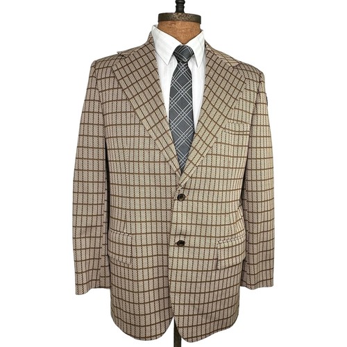 VTG 70s Sears Kings Road Traveller Knit Suit 44L Brown Geometric