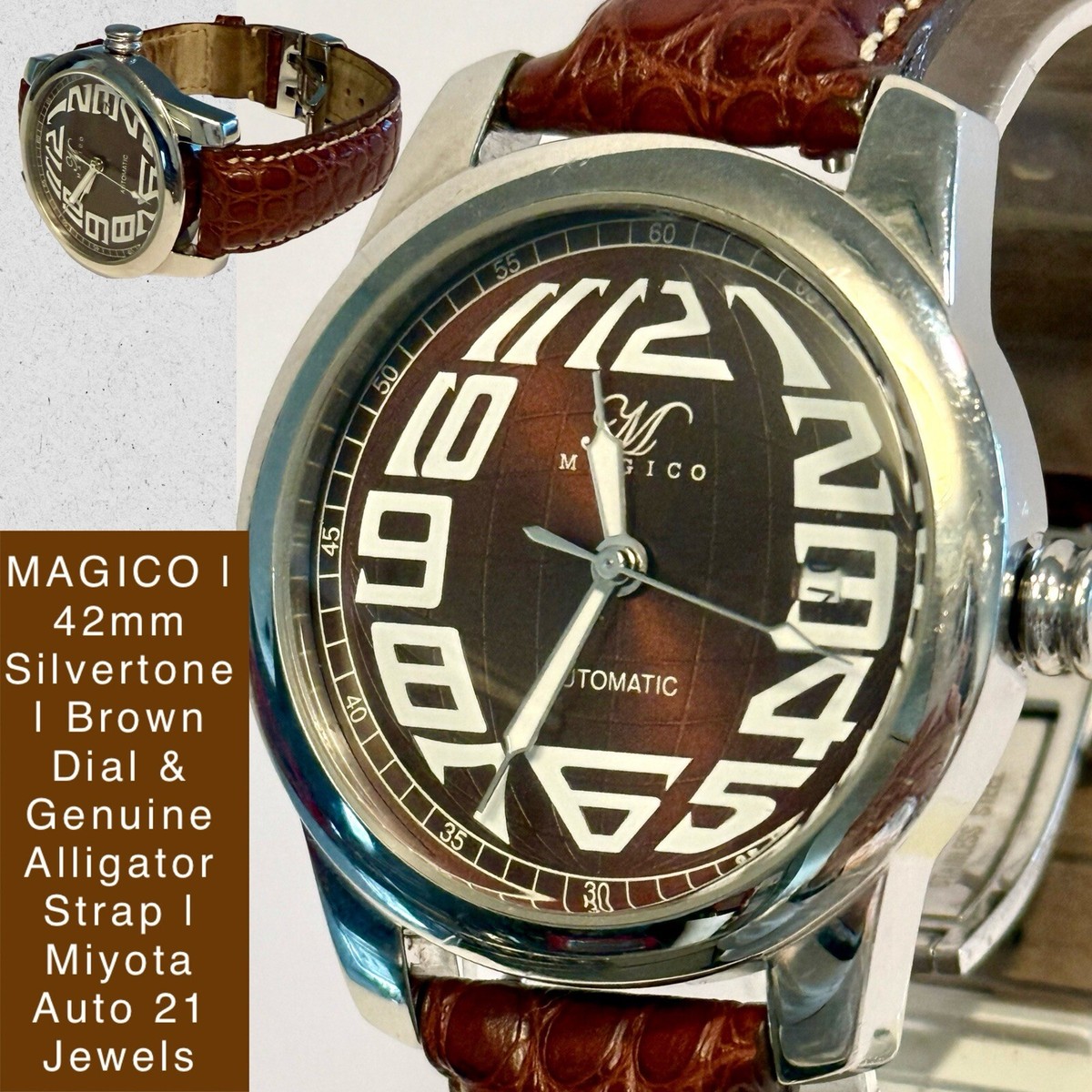 42mm Auto | Brown Alligator Strap & Dial | MAGICO | Miyota 21J | Mens Watch