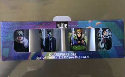 NIB Disney VILLAINS Maleficent WITCH URSULA Glassware Set 4 SHOT GLASS Cute Gift