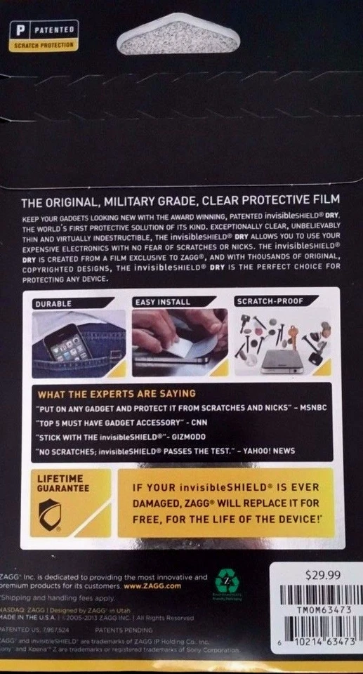 Película protectora de pantalla de cuerpo completo seca con protector invisible ZAGG para Sony Xperia Z1S! Foto 2 de 2