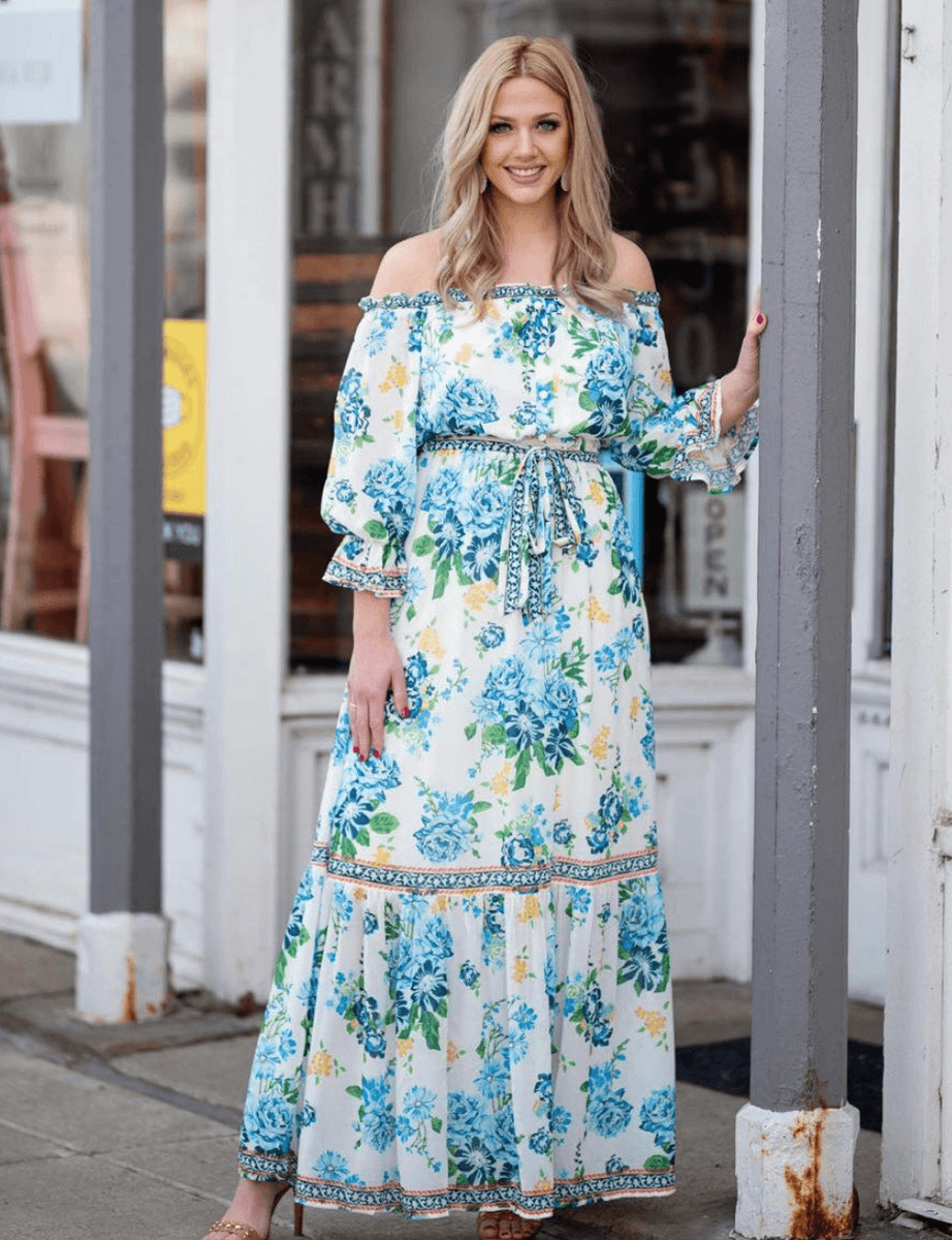 green emerald velvet dress Taupe Floral Off Shoulder Long Sleeve Maternity Maxi Dress Medium