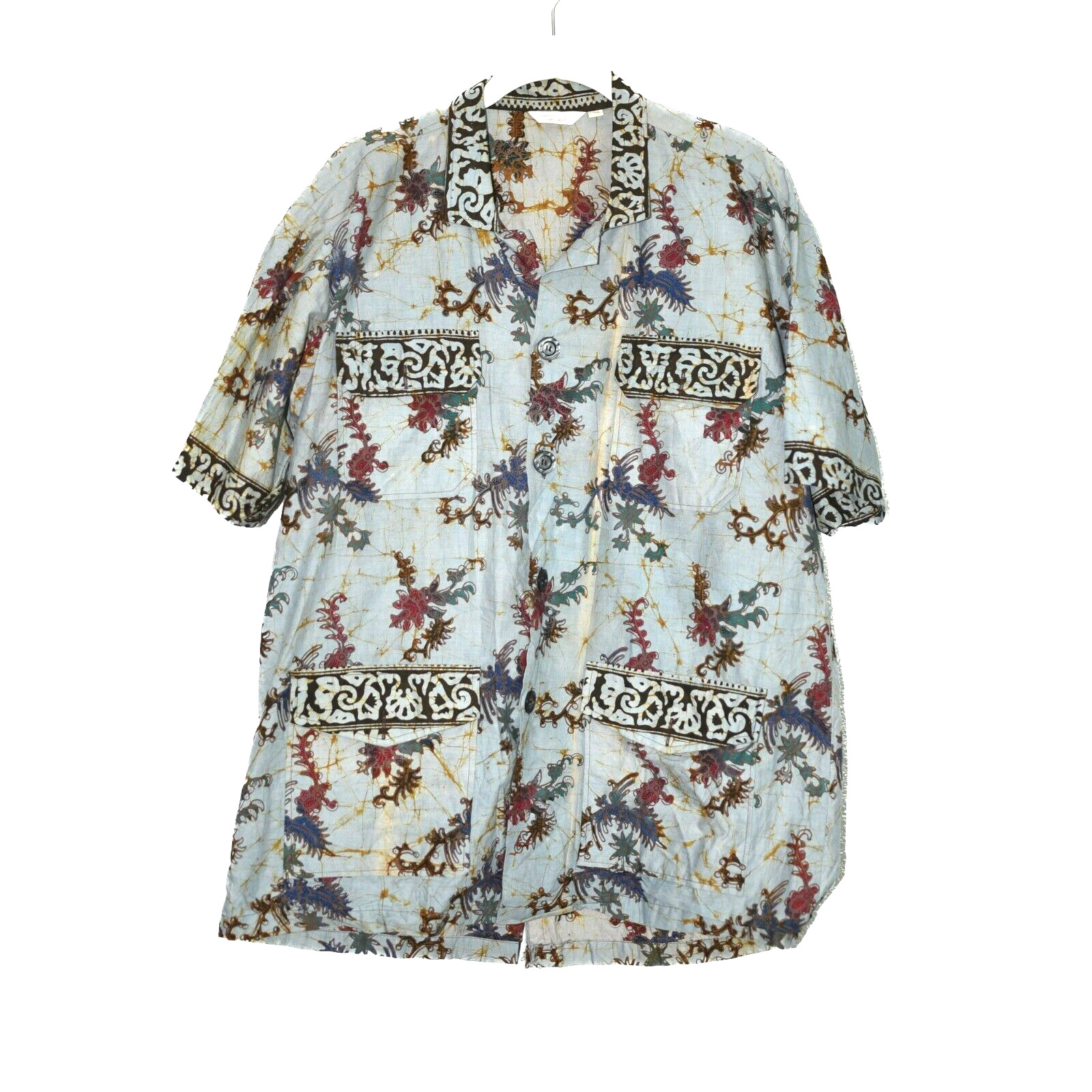 Java Batik Mens Beige Floral Button Up Shirt Shor… - image 1