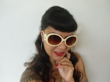 Large Sunglasses Oversized Beige Rods Waves Retro Pinup Vintage