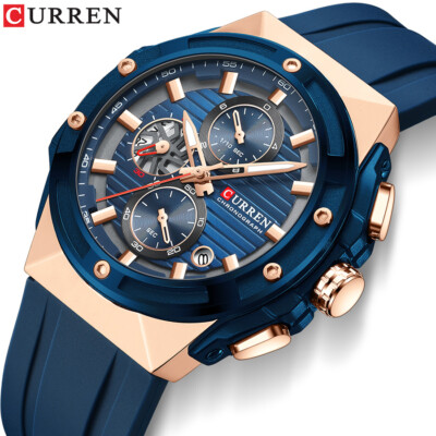 CURREN Men's Quartz Sport Watch Silicone Band Calendar 3-Eyes Wristwatch