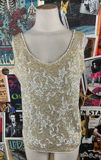 Vintage Women's 70s Cream Sequin Floral Beaded Scoop Neck Tank Top XS/S