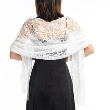 Women's Floral Shawls and Wraps for Evening Dresses Lace Long Pashmina White ...