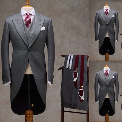 Gray Tailcoat Men's Suit 3Pcs Dinner Peak Lapel Formal Business Jacket Coat