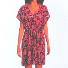 Lands' End Floral V-Neck Dress Womens XL/XXL Navy Pink NEW Short Sleeve Elastic