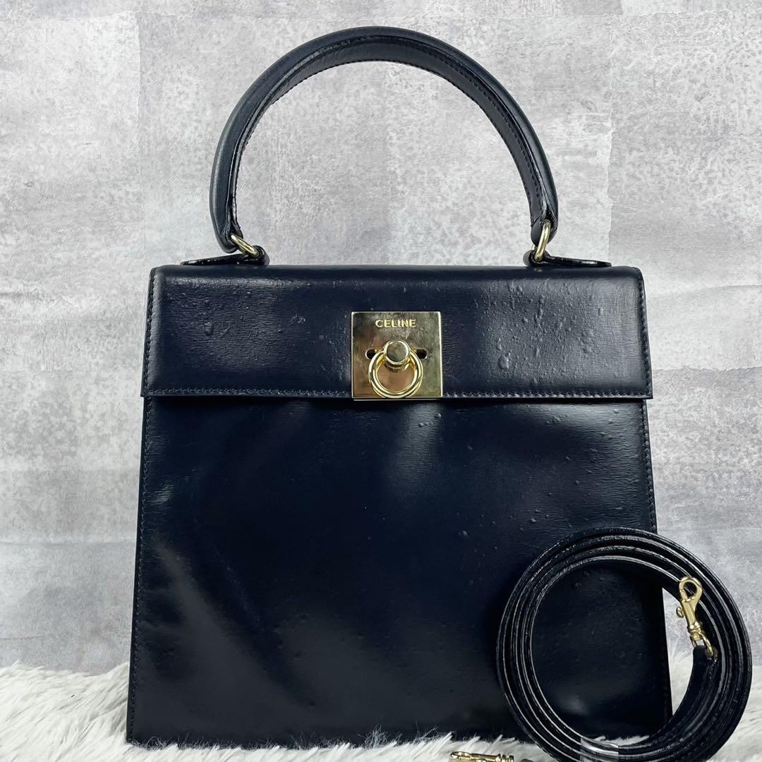 Celine Navy Leather 2Way Shoulder Bag with Gancini Turnlock 8x9 Unused