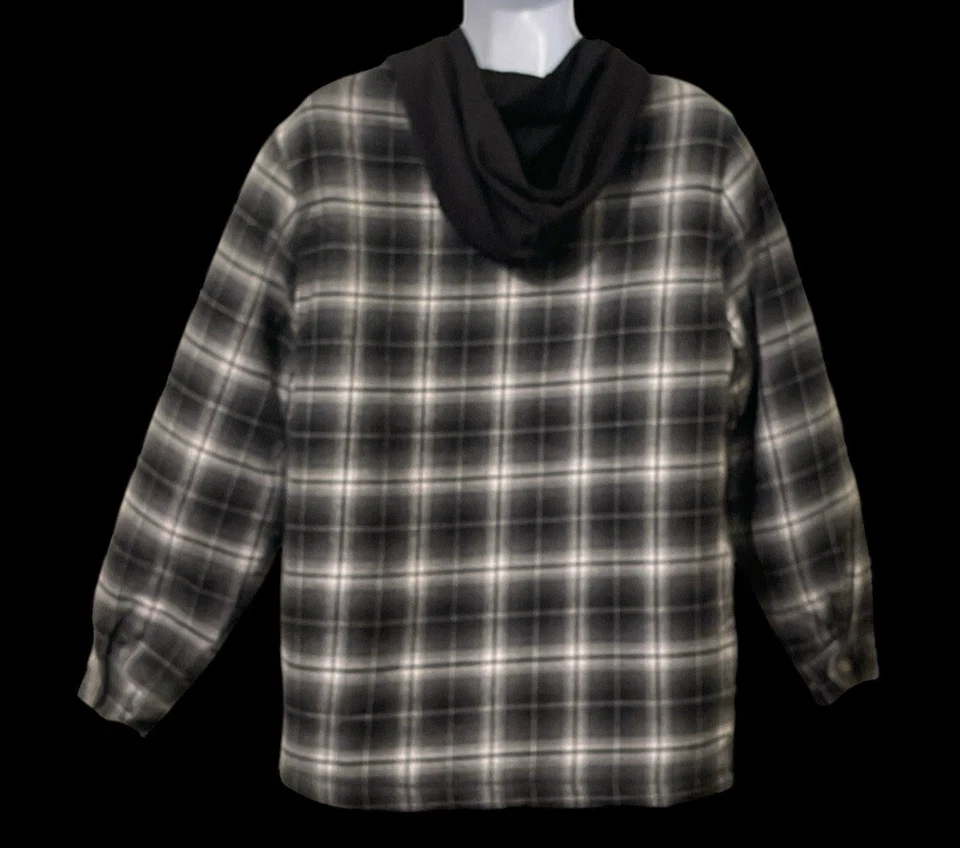 RQQBA Womens Plaid Front Zip Plaid Hood Jacket Size L Black White Front Pockets - Image 4 of 4