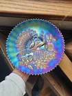 Pretty Electric Purple Northwood Carnival Glass Peacocks on the Fence Plate