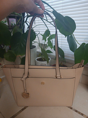 Michael Kors Beige Solid Tote Bag Zip Top w/ Bag Charm Gold Hardware