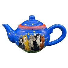 Vintage Candace Reiter Catzilla Painted Ceramic Teapot 2001 Cats Moon Stars Blue