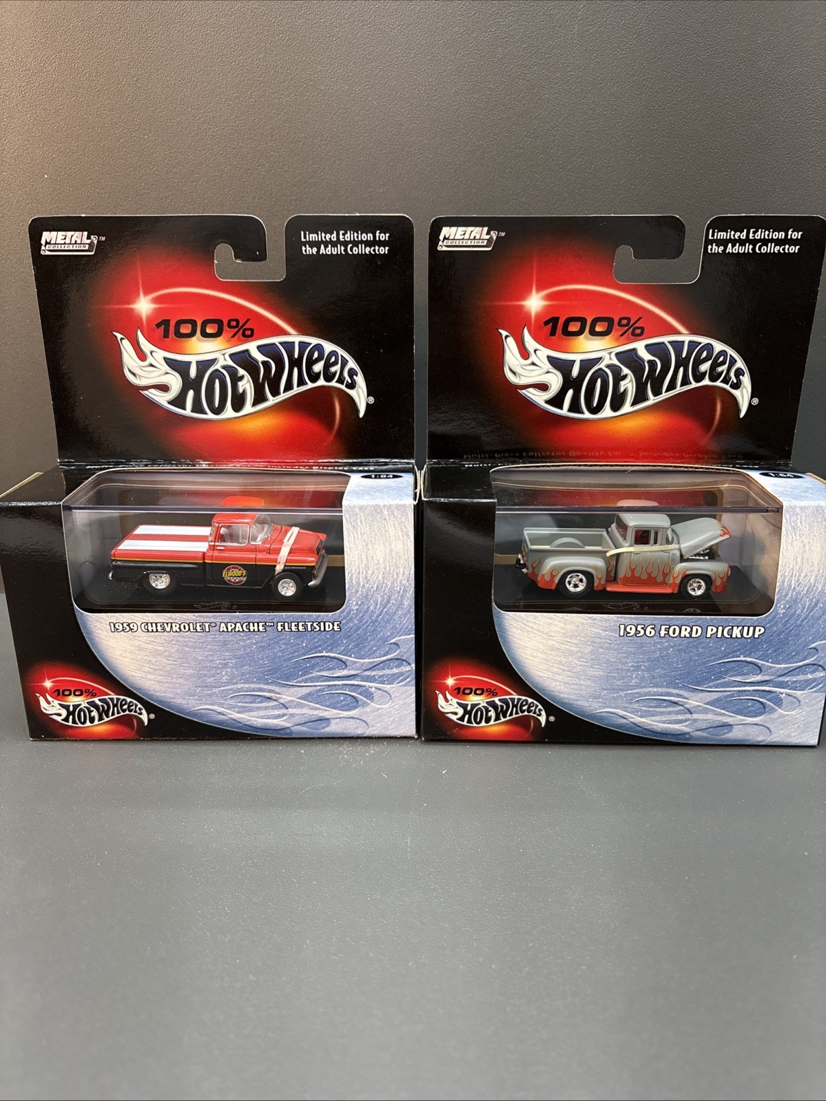 100% Hot Wheels 2003, #08 1956 Ford Pickup & #02 1959 Chevrolet Apache Elwood NM