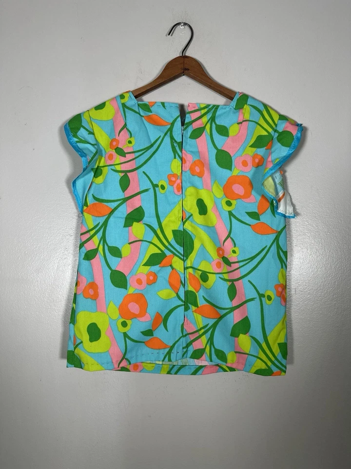 60s Floral Flower Power Mod Vintage Ruffled Shirt Medium - Image 2 of 4