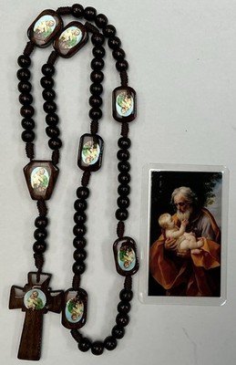 ROSARIO DE HILO Y MADERA CAFE + ESTAMPITA SAN JOSE /ROSARY BLACK WOOD MIRACLE