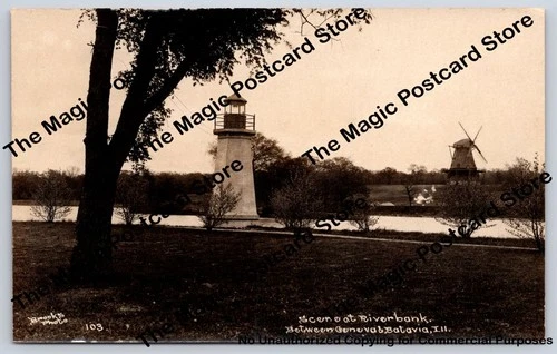 Fabyan Lighthouse & Windmill Riverbank GENEVA Batavia Illinois RPPC Photo ~1920s