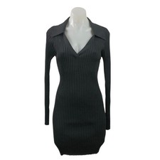Solid & Striped Black Long Sleeve V Neck Ribbed Knit Mini Bodycon Dress Size M
