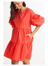 Sundry Evereve The Anywhere Dress Size L Coral Pink 100% Cotton Tiered Pockets