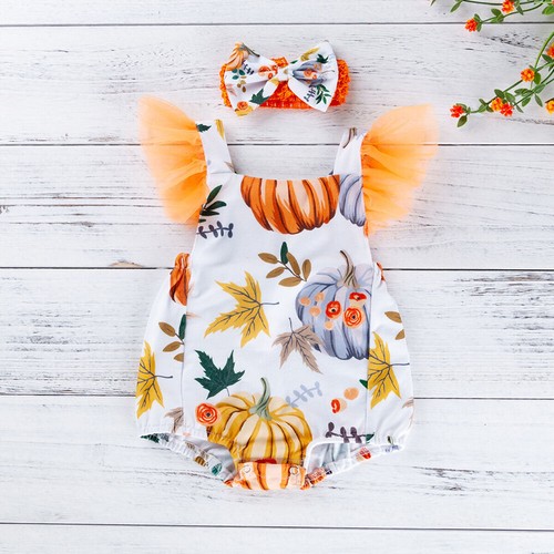 Newborn Infant Baby Girl Pumpkin Romper Jumpsuit Outfits Halloween Costume 2pcs - Picture 14 of 16