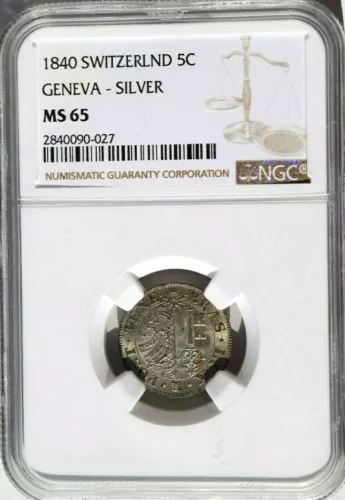1840 Switzerland Geneva 5 Centimes, Rare Silver Strike, NGC MS 65. KM-131a