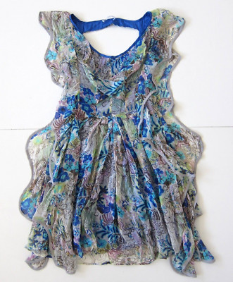 Lafer 100% Silk Pink Green Silver Blue Floral Flowy Ruffle Tank Sun Dress Size 2