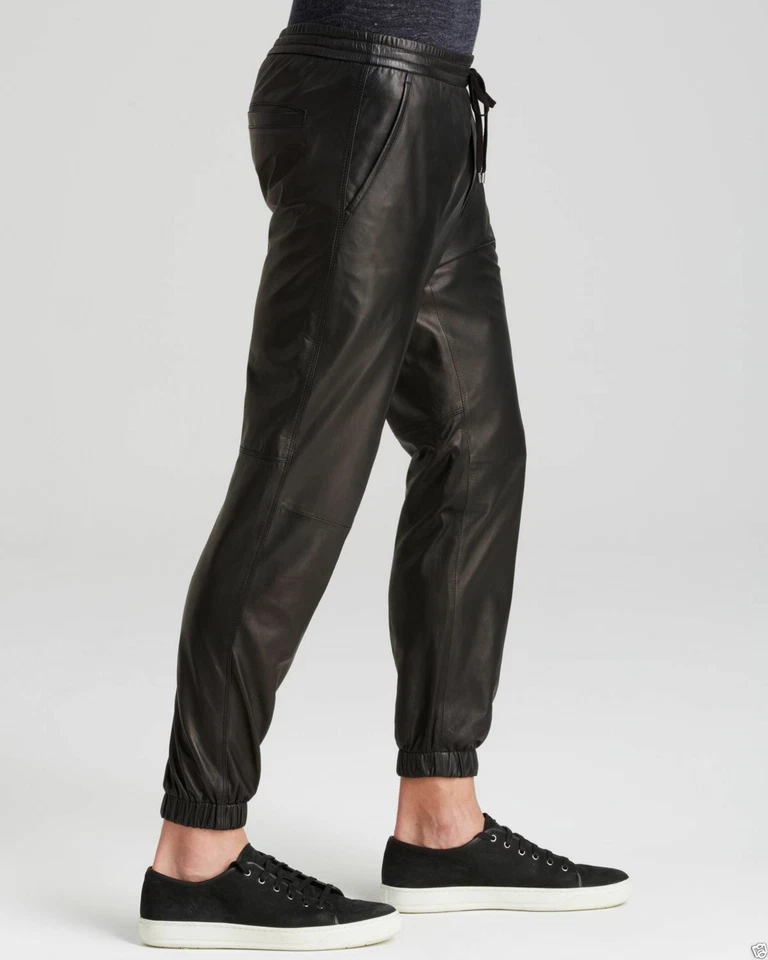 Pantalon De Sport Slim En Cuir Noir Pour Homme En Agneau Pur - Photo 2/4