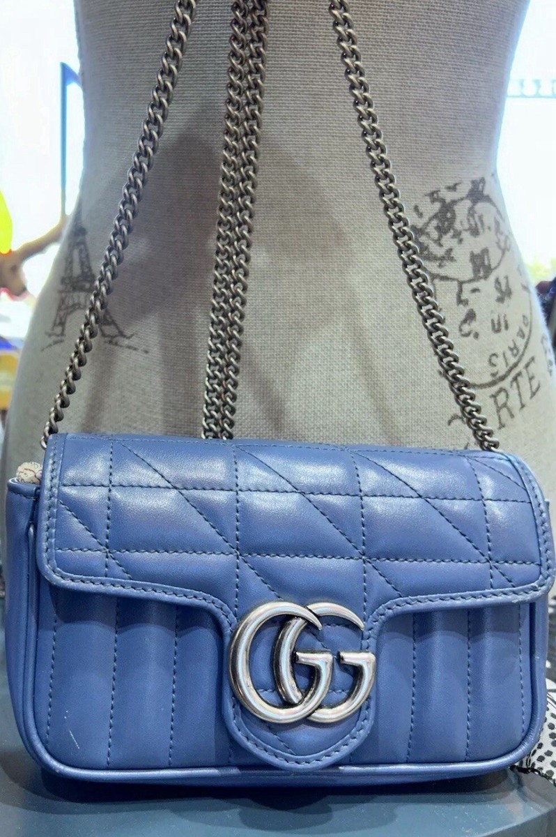 GUCCI Calfskin Matelasse Aria Super Mini GG Marmont Shoulder Bag Clear Blue