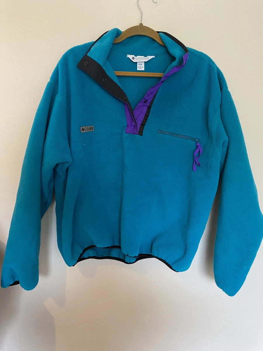 Vintage Columbia Fleece Pullover 1 4 Snap Fleece Teal Womens Large Made in USA