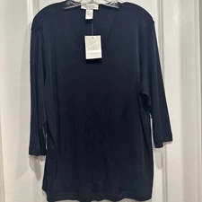 Elana By Tanner XL Black 3/4 Sleeve V-Neck Silk Blouse Top Minimal Mature