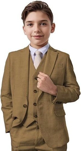 Boys Linen Suit 3 Piece Formal Slim Fit Beach Wedding Boys Tuxedo Summer Set - Picture 27 of 35