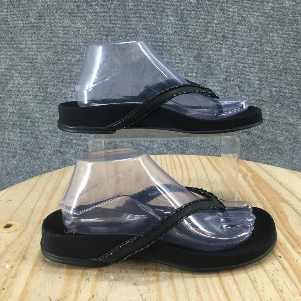 Mossimo Sandals Womens 8.5 Casual Slip On Beaded Thong Flats Black Faux Leather - Image 2 of 4