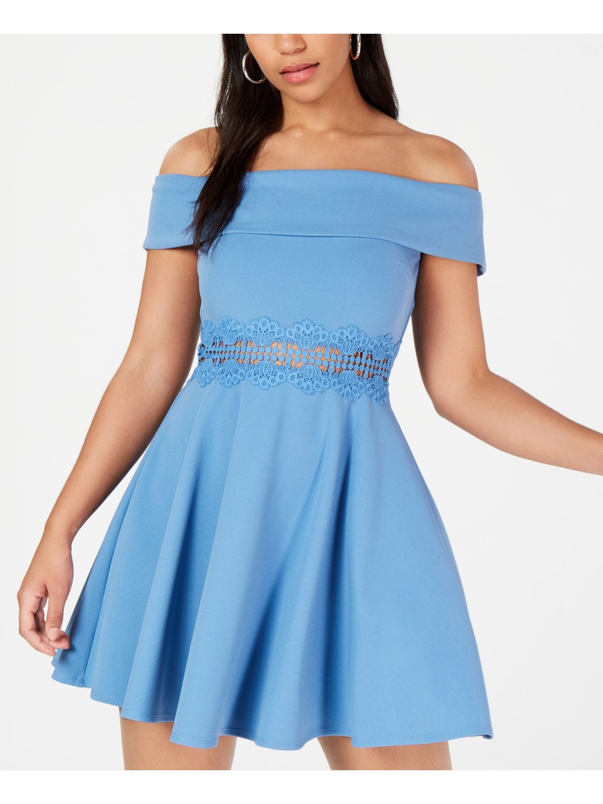 B DARLIN Womens Fit + Flare Mini Dress Blue Sleeveless Off Shoulder Juniors 1\2