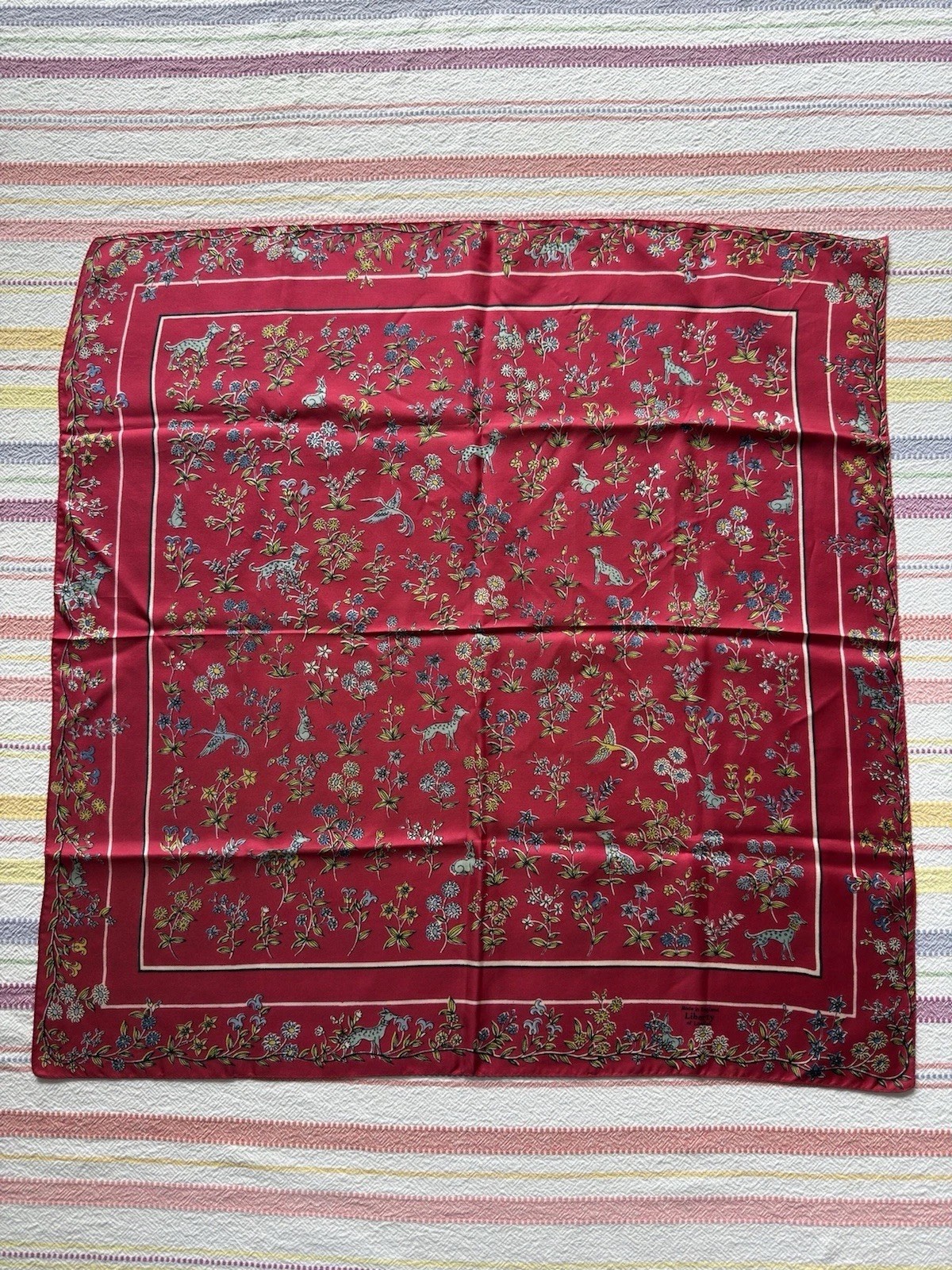 Vintage Liberty of London Floral Animal Pattern 100% Silk Square Scarf 23” x 23”