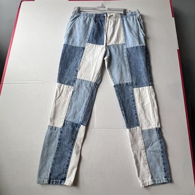 PacSun Jeans Womens Medium Blue White Patchwork Denim Slim Fit Drawstring Pants
