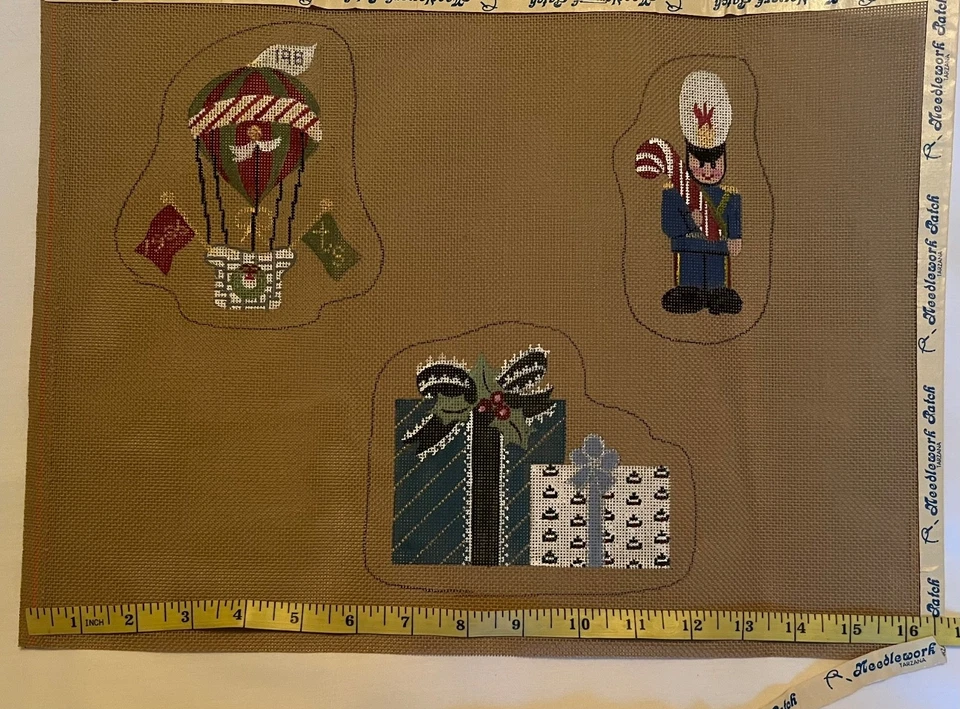 Trio of Christmas ornaments Hand Painted on brown Needlepoint canvas VTG - Image 2 of 4