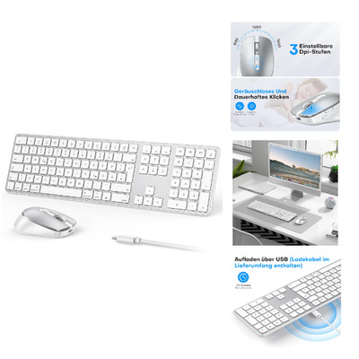 OMOTON Bluetooth Tastatur Maus Set Kabellos für Mac, Ergonomisch, DE-Silber