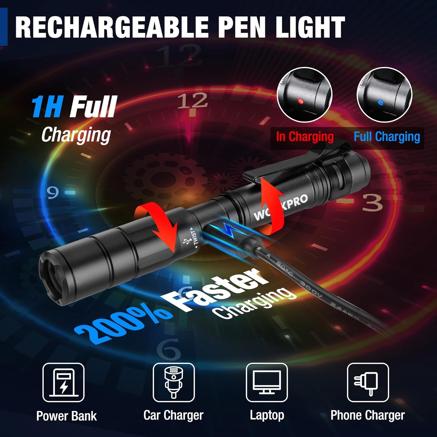 WORKPRO Rechargeable Pen Light, Mini Flashlight, 2 Pack Ultra-Compact Black 