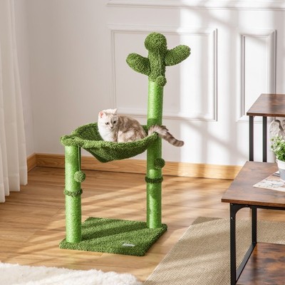 PawHut Kaktus Katzenbaum Turm mit Sisal Kratzbaum Hängematte, 96 cm, grün