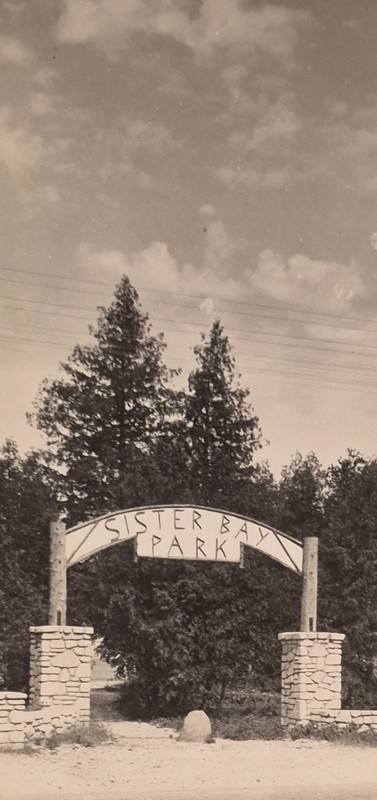 RPPC Sister Bay Park Arch Wood Sign, Sister Bay Wisconsin Real Photo Postcard 