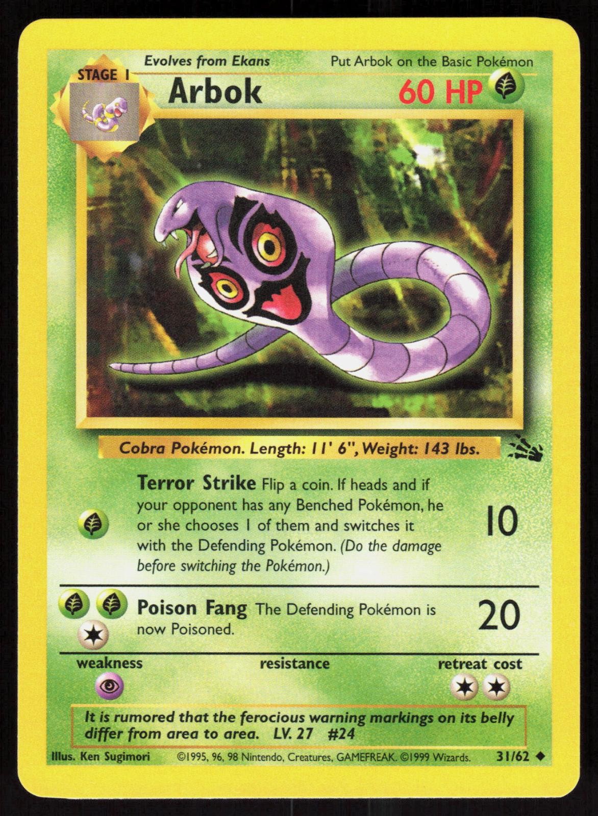 Arbok 31/62 1999 Uncommon Fossil Pokemon Unlimited
