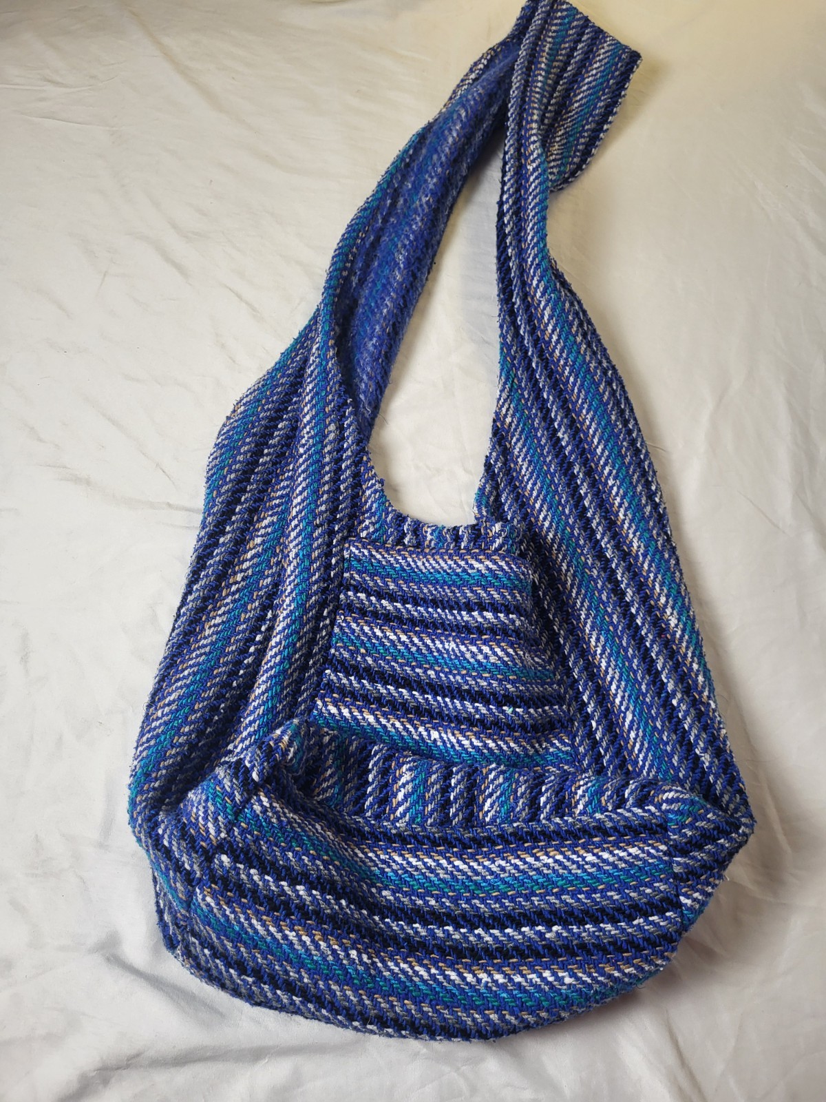 Large Blue Woven Shoulder Bag with Front Pocket - Artisan Sling Tote