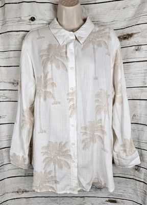 Calypso St Barth Linen Blend Tropical White Top 1X Button Coastal Womens