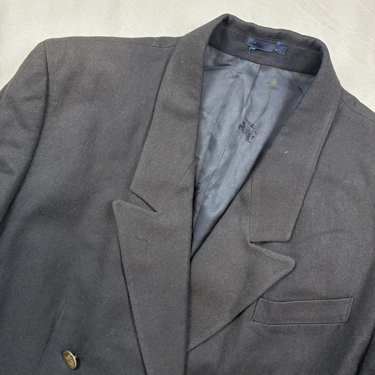 Blazer Burberry Mujer Azul Marino Doble Pecho Cresta Dorada Botón Lana Talla 10